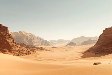 Naklejka premium Scenic desert landscape with dramatic sand dunes under a clear sky.