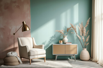 serene living room with a creamy armchair a stylish cabinet and pampas grass decorations