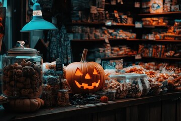 Festive Halloween Display with Pumpkin and Colorful Candies and Treats
