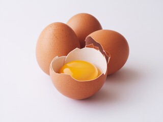 Three brown eggs, one cracked open to reveal a bright yellow yolk, set against a simple white background.
