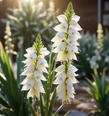 White yucca flowers with dew drops in the morning light, dew, water, freshness