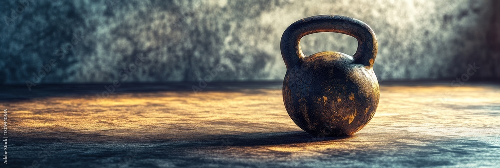 Poster kettlebell resting on gym floor with soft light and textures inviting workout inspiration and fitnes