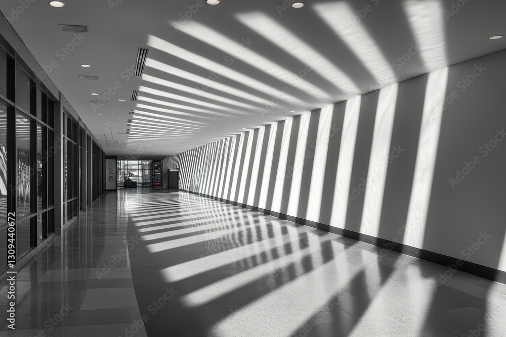 Poster light and shadow create an intriguing pattern along the empty corridor in a modern building during t