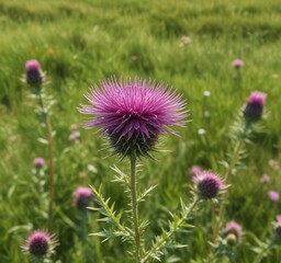 Wild pink thistle flower blooming in grassy field, meadowy, pinkest, milk thistle, globe, weediness