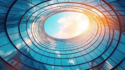 Naklejka premium Futuristic glass building with a circular skylight opening towards the sky. The modern architecture features reflective blue glass panels and a dynamic curved structure illuminated by sunlight..