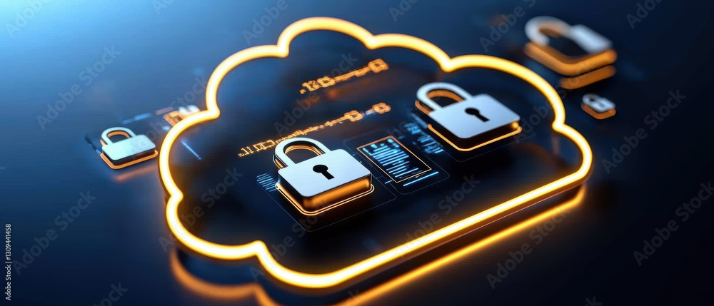 Poster glowing digital cloud with padlocks symbolizes data security and encryption. this represents importa