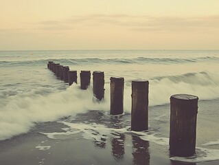 Serene ocean waves crashing against wooden posts at sunset.