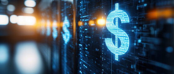 glowing digital vault with dollar symbols, representing secure financial transactions and modern technology. atmosphere conveys sense of safety and innovation