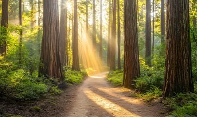 Forest trail leads through tall trees with sunlight filtering through.