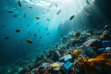 Fototapeta premium Discarded plastic bags, trash, garbage litter the underwater ocean bed, ruining coral reefs, threatening marine life, causing environmental pollution as threat of microplastics raises health concerns.