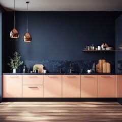 Modern kitchen with coral cabinets, dark walls, and marble countertop. Sunlight streams in.