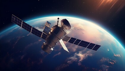 Fototapeta premium Geostationary orbit satellite above the Earth, 3D render