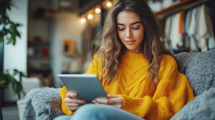 Woman shopping online for dresses using tablet in modern cozy home setting