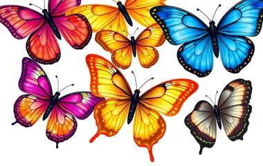 Colorful Butterflies Illustration with Vibrant Wings on White Background
