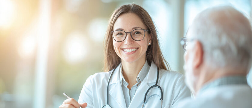 kind female doctor smiling while discussing with patient in bright clinic. warm atmosphere enhances feeling of care and professionalism