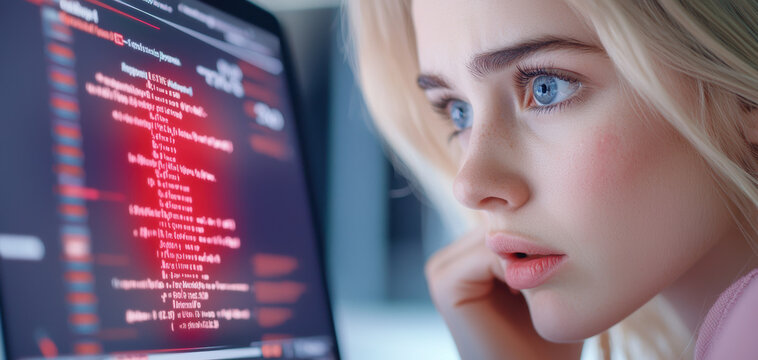 young woman with blue eyes looks intently at laptop screen displaying ransomware attack warning, highlighting urgency and concern of cybersecurity threats
