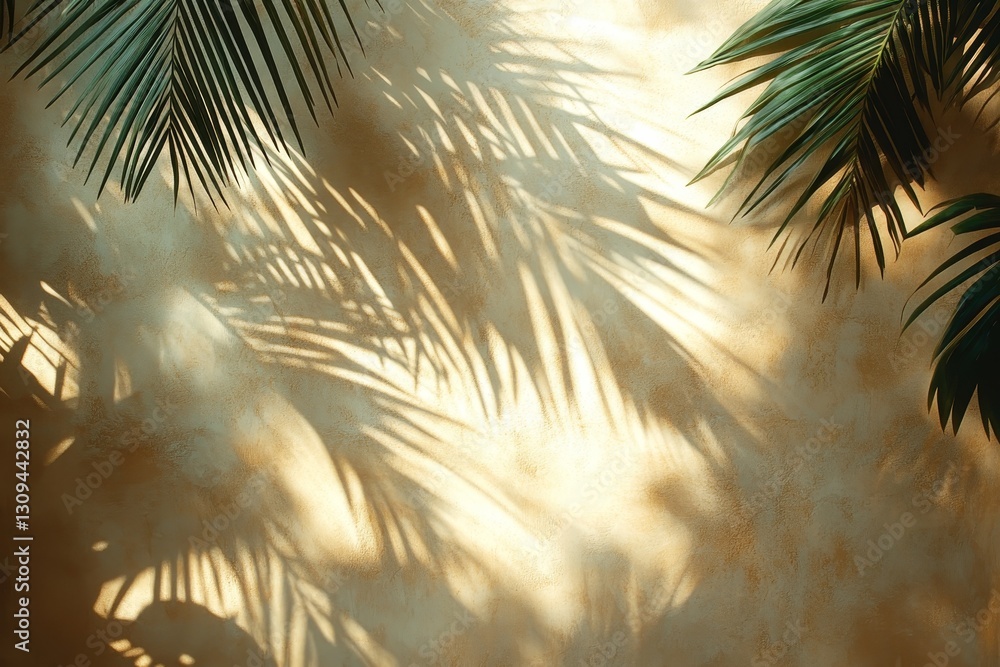 Poster sunlight filters through palm leaves creating intricate shadows on a warm-toned wall in a tropical s
