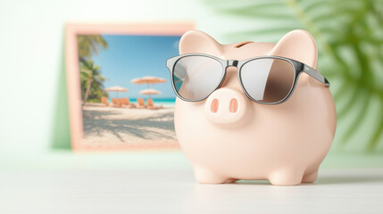piggy bank wearing sunglasses, symbolizing vacation savings, with beach scene in background. This playful image evokes sense of fun and relaxation