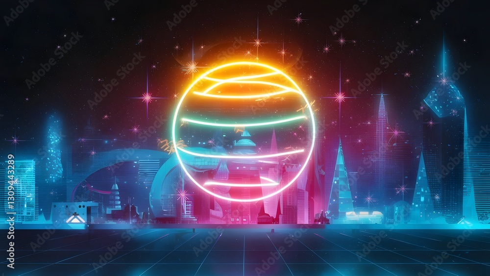 Poster dreamy neon sparkles with a glitchcore festive theme, creating a vibrant and futuristic design for c