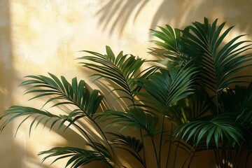 Sunlight casts intricate shadows of leafy plants against a textured yellow wall in a serene indoor setting