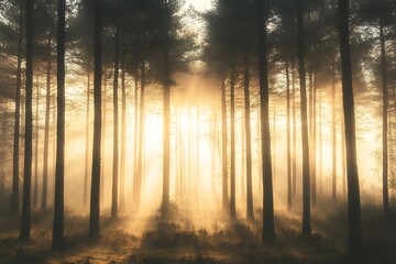 Golden Sunrise in a Misty Forest