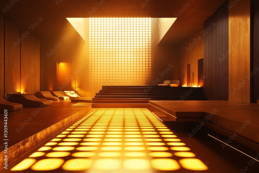 Poster light filters through a modern spa, creating a warm and tranquil atmosphere in a serene wellness ret
