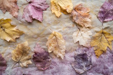 Creative image, autumn leaves used in eco-printing technique on fabric, detailed textures shown
