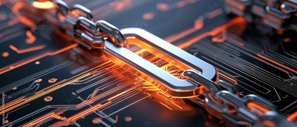 Poster 3d illustration of metallic chain link on circuit board background, symbolizing blockchain technolog
