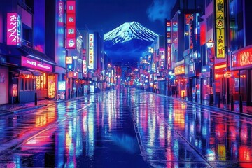 Cyberpunk Japan nightscape, neon lights reflecting on a wet street with Mount Fuji in the background
