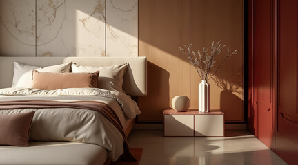 sunlit modern bedroom interior with neutral tones and wooden accents