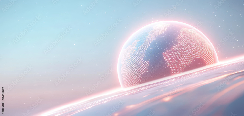 Poster digital representation of glowing planet with soft gradient background, showcasing futuristic and se