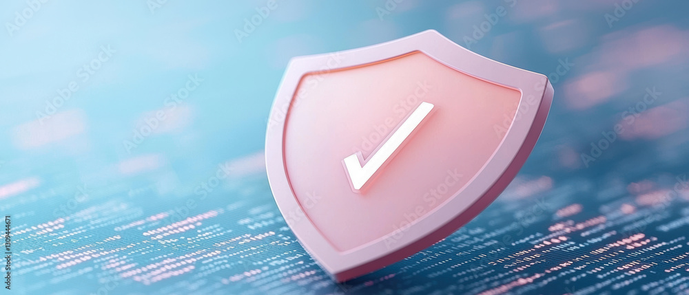 Poster digital shield symbolizing cybersecurity with check mark, representing safety and protection in digi
