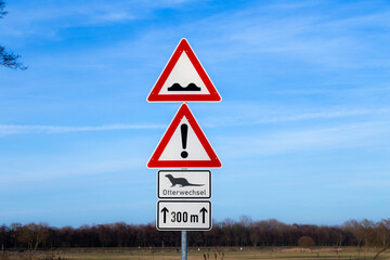 otter crossing warning at the island of Usedom with text Otterwechsel - engl. Otter crossing