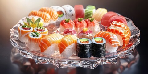 Realistic 3D Icon Cartoon of A Royal Handcrafted Sushi Omakase Selection on a Crystal Plate