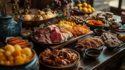 Obraz premium Traditional asian feast with diverse dishes and ingredients on wooden table