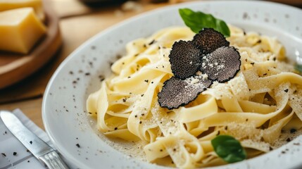 Savor the rich flavors of freshly made pasta topped with delicate grated black truffle and sprinkled with aromatic herbs. A culinary masterpiece awaits your palate