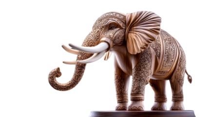 A wooden elephant sculpture with a long trunk and tusks