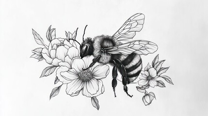 Detailed bee illustration with flowers