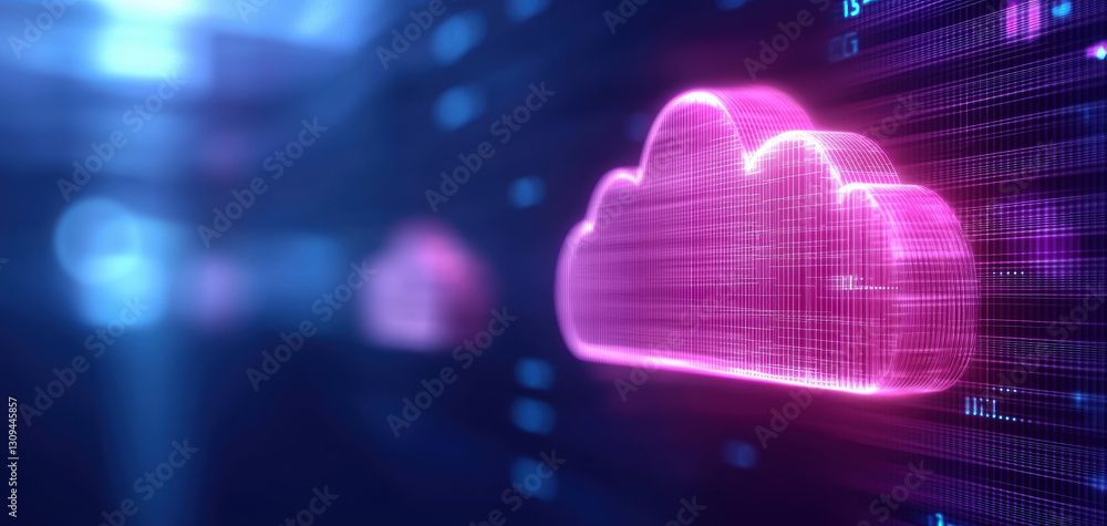 Poster digital cloud storage with glowing pink clouds representing data protection and encryption. futurist