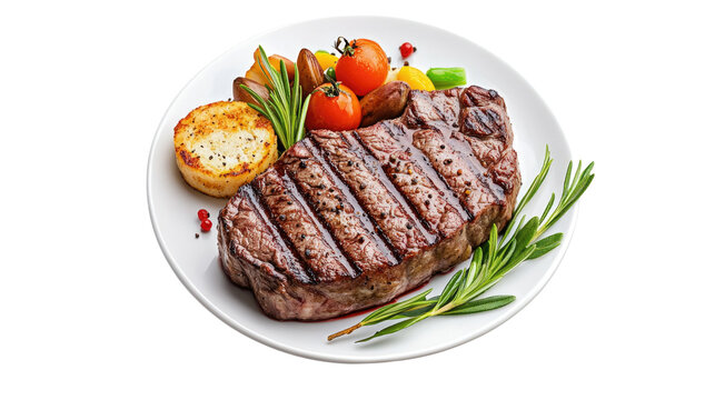 A steak with vegetables on a white plate