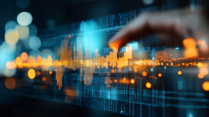 hand interacting with digital financial graph, showcasing data analysis and technology. vibrant colors and glowing elements create dynamic atmosphere