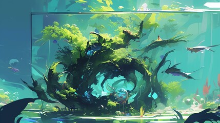 Underwater Anime Tree - Vibrant Aquatic World