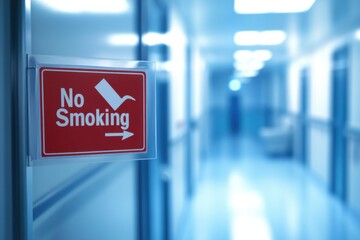 No Smoking Sign in a Modern Hospital Corridor with Blurred Background