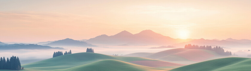 Fototapeta premium serene countryside panorama at golden hour, showcasing rolling hills, misty valleys, and distant mountains under soft sunrise glow