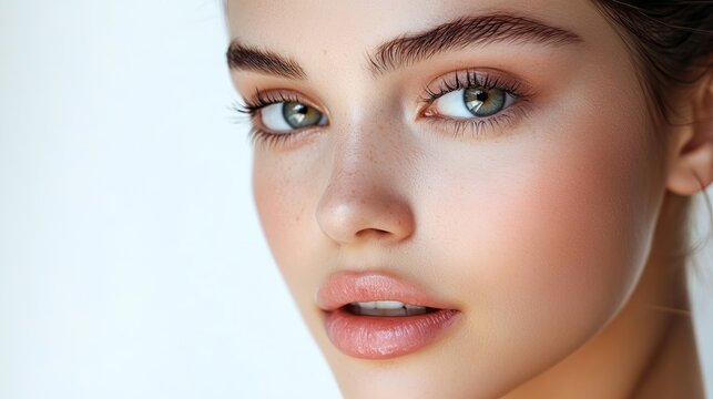 Beautiful Woman Face Closeup Portrait Natural Makeup Soft Skin Green Eyes Perfect Eyebrows Healthy Glow Beauty Shot Cosmetics Model Attractive Female 