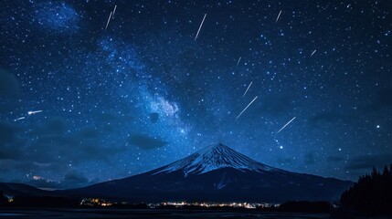 Fototapeta premium Dramatic cosmic nightscape of Fujisan, shooting stars streaking across the sky, mystical atmosphere