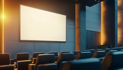 Empty advertising panel mockup on a modern theater wall with soft ambient lighting.