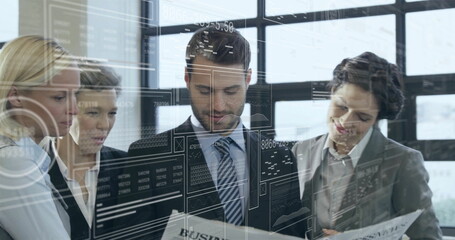 Image of financial data processing over diverse business people in office