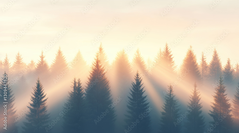 Poster panoramic view of dense forest at golden hour, showcasing tall trees with soft light filtering throu