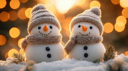 Festive snowmen in winter wonderland, warm glow